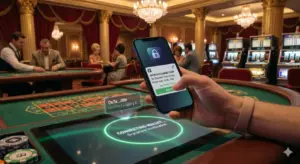 A close-up of a person's hand holding a smartphone to approve a secure wallet connection at a casino table. The phone screen shows a generic lock icon and an "Approve Connection" prompt. The scene is set inside a classic, vintage Las Vegas-style casino featuring elegant crystal chandeliers, rich red velvet curtains, golden pillars, vintage slot machines, and patrons playing table games in the background.