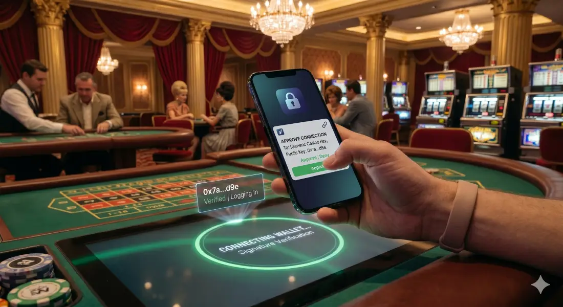 A close-up of a person's hand holding a smartphone to approve a secure wallet connection at a casino table. The phone screen shows a generic lock icon and an "Approve Connection" prompt. The scene is set inside a classic, vintage Las Vegas-style casino featuring elegant crystal chandeliers, rich red velvet curtains, golden pillars, vintage slot machines, and patrons playing table games in the background.