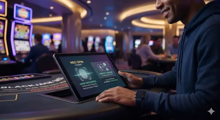 Close-up profile of a smiling person using a digital tablet inside a modern casino to instantly log in via fingerprint biometric scanning. The tablet screen displays "Login Successful" with a glowing green fingerprint graphic. The background features blurred slot machines, blackjack tables, and casino patrons.